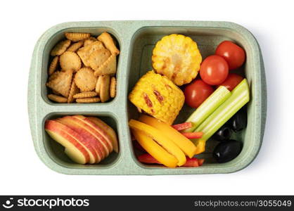 Lunch box with delicious food isolated on a white background. Lunch box with delicious food on a white background