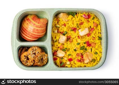 Lunch box with delicious food isolated on a white background. Lunch box with delicious food on a white background