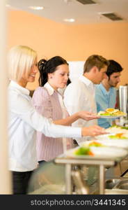 Lunch break business people in line wait for food meals