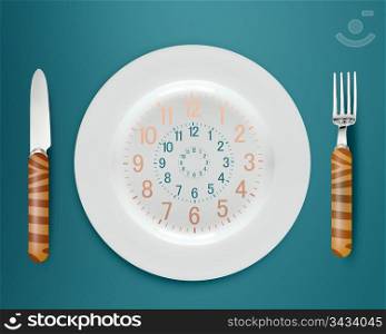 Lunch time concept, clock in plate, knife and fork