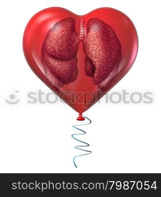 Lung health concept and medical symbol with a human anatomical organ inside a red balloon as an icon for respiratory cardiovascular risks and cardio care isolated on a white background.