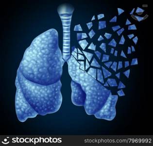 Lung illness and losing human lungs health care concept as a decline in respiratory function caused by cancer or disease as the organ slowly breaks down in little pieces on a black background.