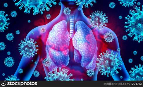 Lung virus infection and coronavirus outbreak or viral pneumonia and coronaviruses influenza as a dangerous flu strain cases as a pandemic medical health risk concept with disease cells with 3D render elements.
