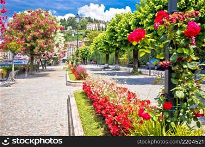 Lungolago Europa famous flower lakefront walkway in Belaggio, town on Como Lake, Lombardy region of Italy