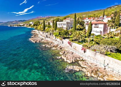 Lungomare scenic sea coast walkway near Opatija and Volosko aerial view, turquoise waterfront of Kvarner, Croatia