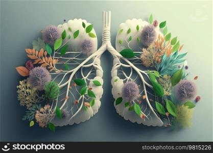 Lungs made from flowers and nature. Enviroment or lung health concept. Generative AI