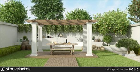 Lush garden with table set under a gazebo and barbecue on background - 3d rendering. Luxury garden with gazebo