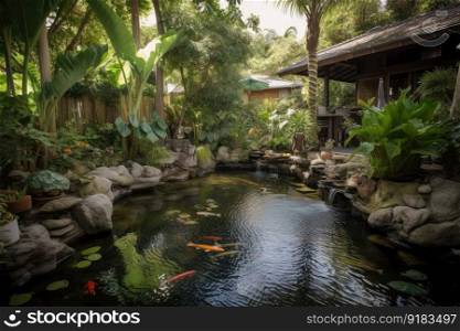 lush garden with water feature and koi fish swimming in pools, created with generative ai. lush garden with water feature and koi fish swimming in pools