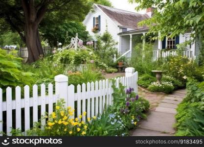 lush garden with white picket fence and wooden bench, created with generative ai. lush garden with white picket fence and wooden bench