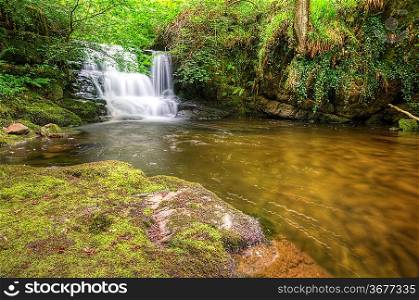 Lush green forest scene with long exposure blurred waterfall flowing through and over rocks covered in lichen and moss