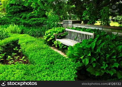 Lush green garden with stone landscaping, hedge and bench