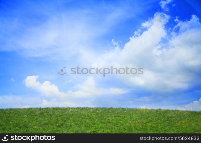 Lush, green landscape with blue sky and clouds.