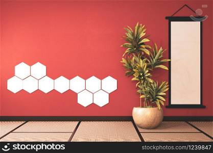Lush lava empty room with hexagon light on wall decoraion and tatami mat floor.3D rendering