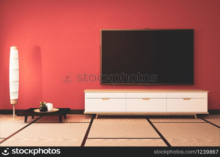 Lush lava empty room with wooden cabinet tv decoraion and tatami mat floor.3D rendering