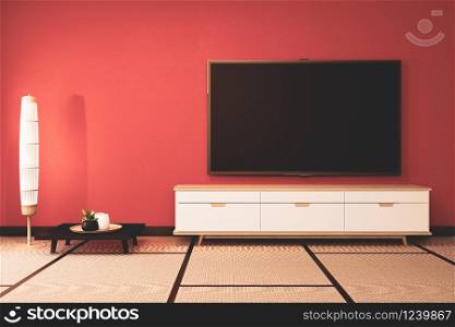 Lush lava empty room with wooden cabinet tv decoraion and tatami mat floor.3D rendering