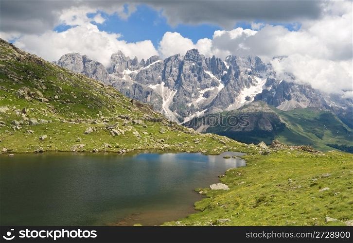 Lusia lakes with Pale San Martino mount, Italy