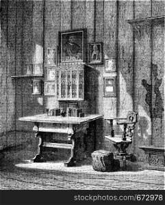 Luther's room at Wartburg,. the ink stain, vintage engraved illustration. Le Tour du Monde, Travel Journal, (1872).