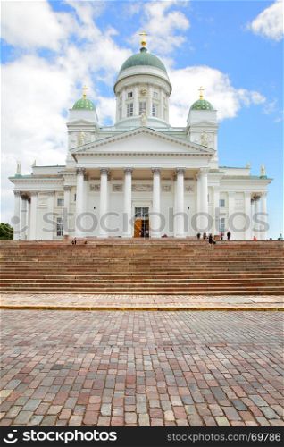 Lutheran Christian Cathedral Church in the Old Town of Helsinki, Finland. Copy-space composition