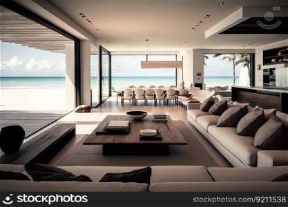 luxe beachfront villa with contemporary and sleek interior, featuring modern fixtures and clean lines, created with generative ai. luxe beachfront villa with contemporary and sleek interior, featuring modern fixtures and clean lines