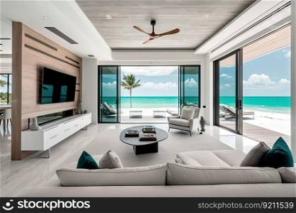 luxe beachfront villa with contemporary and sleek interior, featuring modern fixtures and clean lines, created with generative ai. luxe beachfront villa with contemporary and sleek interior, featuring modern fixtures and clean lines