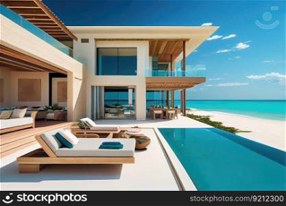 luxe beachfront villa with infinity pool, private deck, and ocean views, created with generative ai. luxe beachfront villa with infinity pool, private deck, and ocean views
