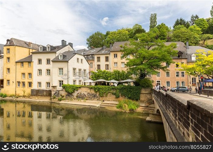 Luxembourg City, downtown city part Grund, scenic view with the Alzette river in Luxembourg