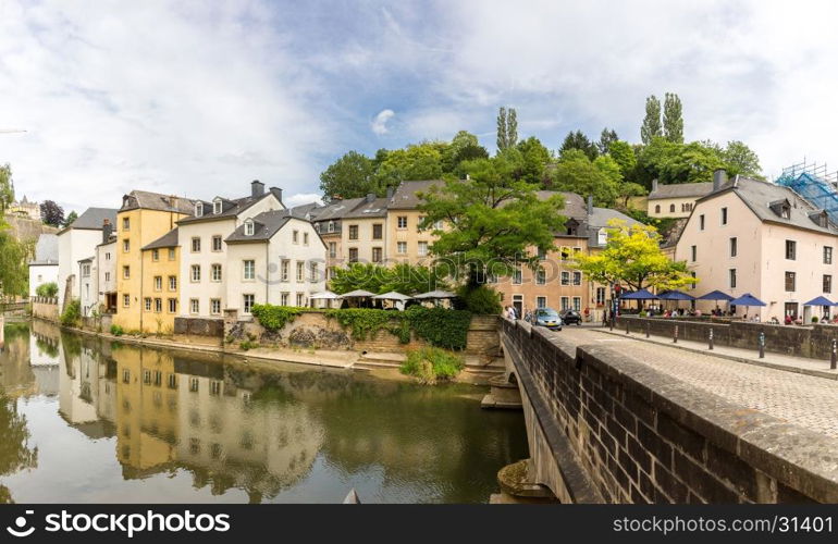 Luxembourg City, downtown city part Grund, scenic view with the Alzette river in Luxembourg Panorama