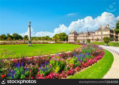 Luxembourg Palace and flower beds in summer, Paris. Flower beds in Paris