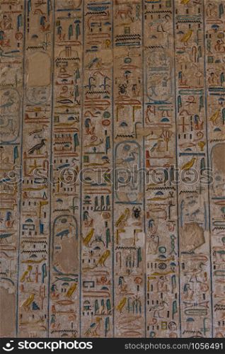 Luxor, Gouvernment al-Uqsur/Egypt - December 9, 2018: Kings Valley in Luxor, Upper Egypt in the early morning. Interior views of graves, wall paintings with ancient Egyptian hieroglyphs, burial chambers, underground corridors. Tombs of Rameses II, Thutmes IV and other ancient kings. Details from inside of tombs.. Luxor, Gouvernment al-Uqsur/Egypt - December 9, 2018: Kings Valley in Luxor, Upper Egypt in the early morning. Interior views of graves, wall paintings with ancient Egyptian hieroglyphs, burial chambers, underground corridors. Tombs of Rameses II, Thutmes