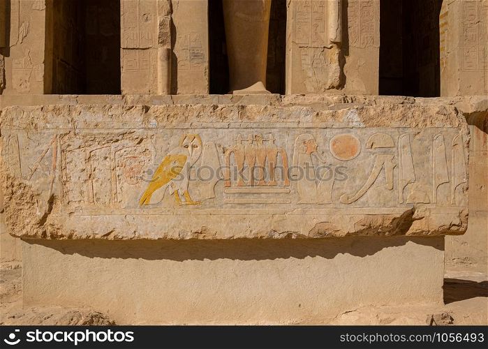 Luxor, Gouvernment al-Uqsur/Egypt - December 9, 2018: Temple of Hatshepsut in Thebes West, Upper Egypt. Statues, hieroglyphs, murals. Breathtaking cultural treasures. Luxor, Gouvernment al-Uqsur/Egypt - December 9, 2018: Kings Valley in Luxor, Upper Egypt in the early morning. Interior views of graves, wall paintings with ancient Egyptian hieroglyphs, burial chambers, underground corridors. Tombs of Rameses II, Thutmes