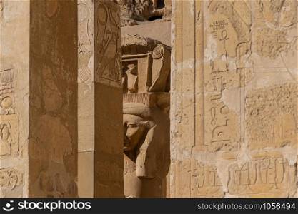 Luxor, Gouvernment al-Uqsur/Egypt - December 9, 2018: Temple of Hatshepsut in Thebes West, Upper Egypt. Statues, hieroglyphs, murals. Breathtaking cultural treasures. Luxor, Gouvernment al-Uqsur/Egypt - December 9, 2018: Kings Valley in Luxor, Upper Egypt in the early morning. Interior views of graves, wall paintings with ancient Egyptian hieroglyphs, burial chambers, underground corridors. Tombs of Rameses II, Thutmes