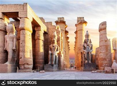 Luxor Temple, famous landmark of Egypt, first pylon view.. Luxor Temple, famous landmark of Egypt, first pylon view