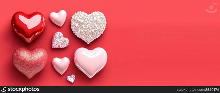 Luxurious 3D Heart, Diamond, and Crystal Illustration for Valentine’s Day Background and Banner