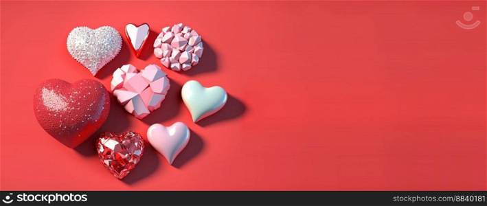 Luxurious 3D Heart, Diamond, and Crystal Illustration for Valentine’s Day Background and Banner