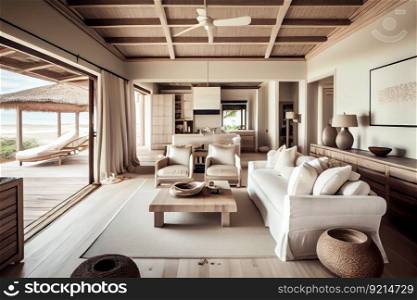 luxurious and spacious beachfront villa interior with modern furnishings, light wooden accents and plush linens, created with generative ai. luxurious and spacious beachfront villa interior with modern furnishings, light wooden accents and plush linens