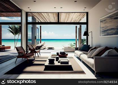 luxurious beachfront villa interior with contemporary furniture and modern decor, created with generative ai. luxurious beachfront villa interior with contemporary furniture and modern decor