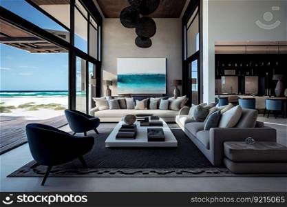 luxurious beachfront villa interior with modern decor and sleek furniture, offering ultimate comfort for guests, created with generative ai. luxurious beachfront villa interior with modern decor and sleek furniture, offering ultimate comfort for guests