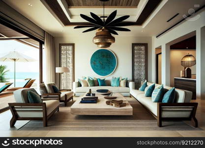 luxurious beachfront villa interior with sleek and modern decor, featuring eclectic mix of furniture pieces, created with generative ai. luxurious beachfront villa interior with sleek and modern decor, featuring eclectic mix of furniture pieces