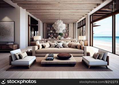 luxurious beachfront villa interior with sleek and modern decor, featuring eclectic mix of furniture pieces, created with generative ai. luxurious beachfront villa interior with sleek and modern decor, featuring eclectic mix of furniture pieces