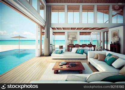 luxurious beachfront villa interior with sleek furniture and modern amenities, including private swimming pool and hot tub, created with generative ai. luxurious beachfront villa interior with sleek furniture and modern amenities, including private swimming pool and hot tub