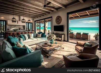 luxurious beachfront villa with high-end decor and modern amenities, including indoor living room and outdoor porch, created with generative ai. luxurious beachfront villa with high-end decor and modern amenities, including indoor living room and outdoor porch