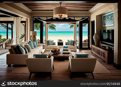 luxurious beachfront villa with high-end furnishings and modern amenities, created with generative ai. luxurious beachfront villa with high-end furnishings and modern amenities