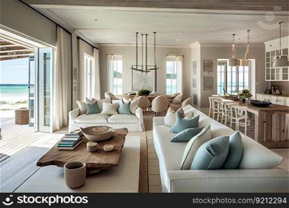 luxurious beachfront villa with open floor plan and luxurious furnishings, created with generative ai. luxurious beachfront villa with open floor plan and luxurious furnishings