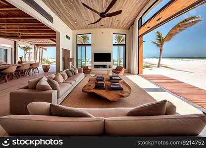 luxurious beachfront villa, with open floor plan and modern furnishings, created with generative ai. luxurious beachfront villa, with open floor plan and modern furnishings