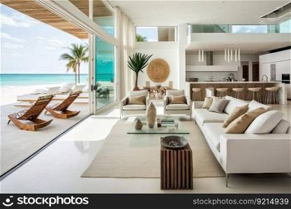 luxurious beachfront villa with open floor plan and sleek decor, created with generative ai. luxurious beachfront villa with open floor plan and sleek decor