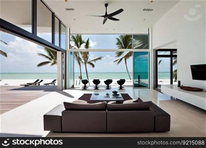 luxurious beachfront villa, with sleek furnishings and modern design elements, created with generative ai. luxurious beachfront villa, with sleek furnishings and modern design elements