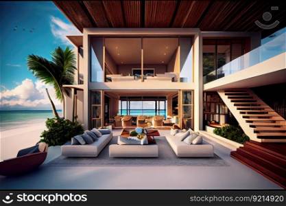 luxurious beachfront villa with stunning views and modern interiors, created with generative ai. luxurious beachfront villa with stunning views and modern interiors