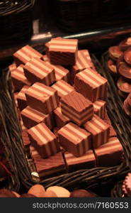 Luxurious chocolate pralines at a market in Barcelona, Spain