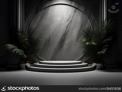 Luxurious empty product marble stone podium and forest green leaves on dark background. Concept scene stage for promotion, sale, presentation or cosmetic. AI Generative