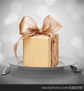 Luxurious gift on plate. Feast concept.